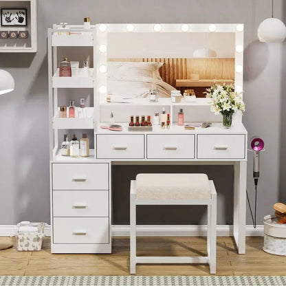 Bedroom Wood Modern Furniture Vanity Dressing Table Makeup Vanity Desk with Large Mirror and Drawers for Makeup