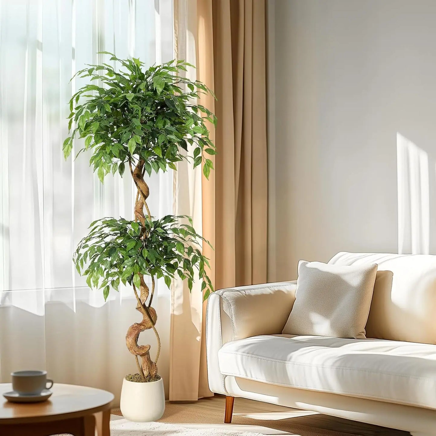 Ficus Tree Artificial, 4FT/5FT/6FT Artificial Plants Indoor in Sturdy White Pot,Indoor Faux Green Tree for Home Decor Indoor