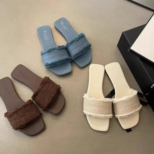 Women's Slippers Solid Color Open-toe Set Foot Vacation Beach Flat Sandals Casual Flip Flops Summer Indoor Women Slides Shoes