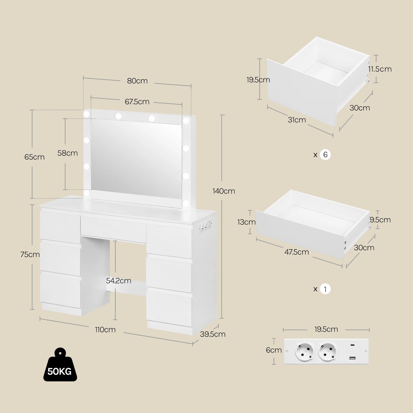 WOLTU Vanity Makeup Desk with LED Lights and Charge Socket Dressing Table with Large Mirror Modern 7 Drawers Bedroom Dresser