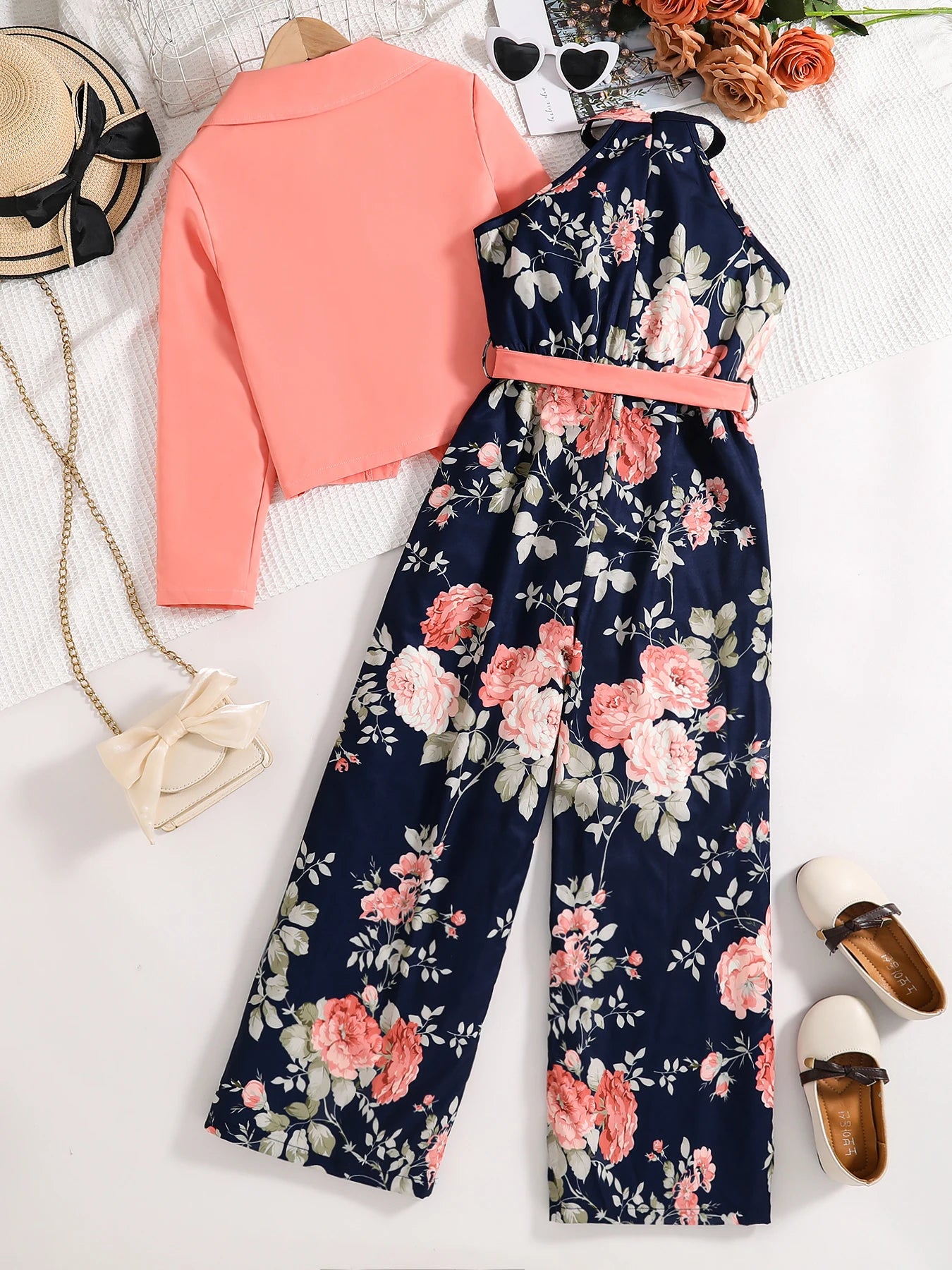 Spring and summer girls fashion outdoor leisure vacation 2-piece pink suit + loose halter high waist one-piece pants dress set