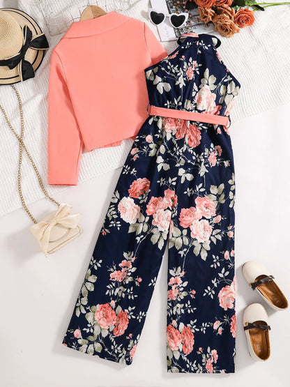 Spring and summer girls fashion outdoor leisure vacation 2-piece pink suit + loose halter high waist one-piece pants dress set