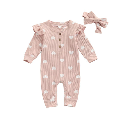 Ruffle Long Sleeve Infant Baby Girls Romper Kids Clothes Cute Heart Print Rib Jumpsuit+Headdress Valentine's Day Kids Playsuit
