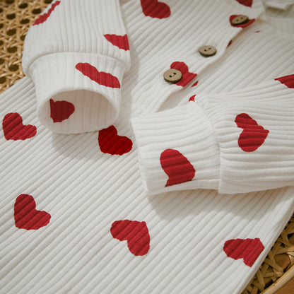 Ruffle Long Sleeve Infant Baby Girls Romper Kids Clothes Cute Heart Print Rib Jumpsuit+Headdress Valentine's Day Kids Playsuit