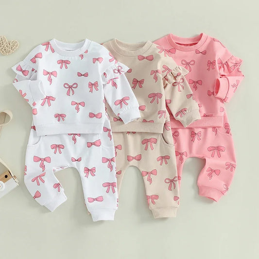 Toddler Baby Girl Clothes Long Sleeve Bow Print Ruffle Sweatshirt Pants Newborn Set Clothes 2PCS Outfits