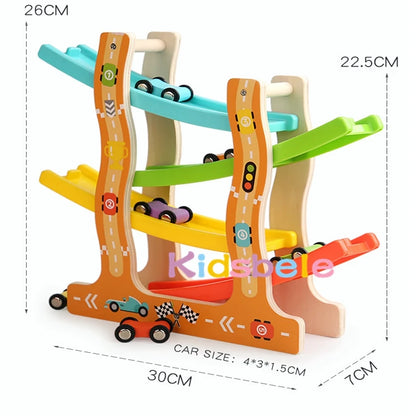 Kids Four-layer Wooden Gliders  Montessori Inertia Track Car Toys Animal And Traffic Theme Early Educational Toys Birthday Gifts