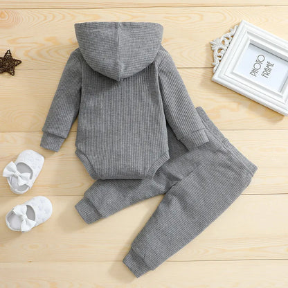 Newborn Baby Boy Pant Sets Autumn Clothes Solid Color Long Sleeves Hooded Bodysuit Tops and Pants Baby Items Clothing for Infant