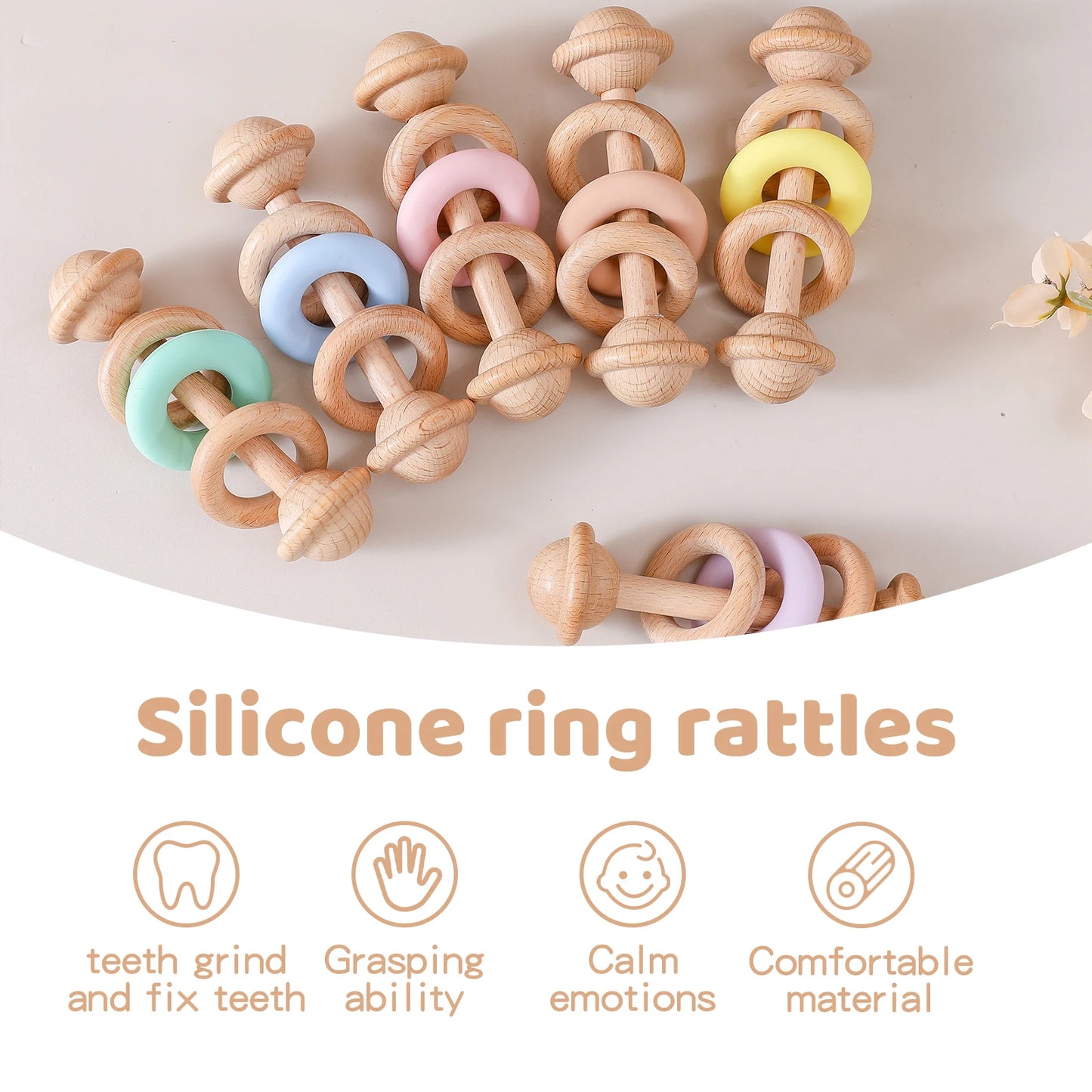 Baby Toys Wooden Rattles Silicone Ring Baby Rattles and Mobiles 0 12 Months Sensory Toys for Baby  Wooden Teether for Baby Gifts