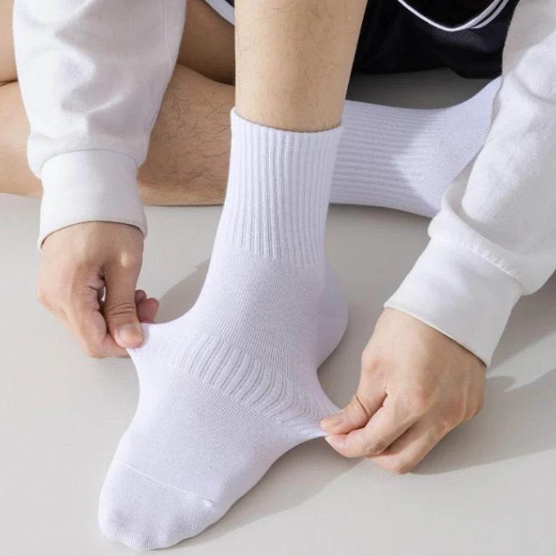 5/10 Pairs of Autumn and Winter Men Mid Length Socks, White Anti Odor, Sweat Absorbing, Breathable Men's Sports Sock