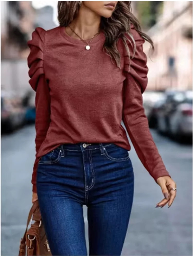 Women's  Round Neck Long Sleeved Pleated Elegant T-shirt Daily Parties Fashionable Commuting Style Autumn Top