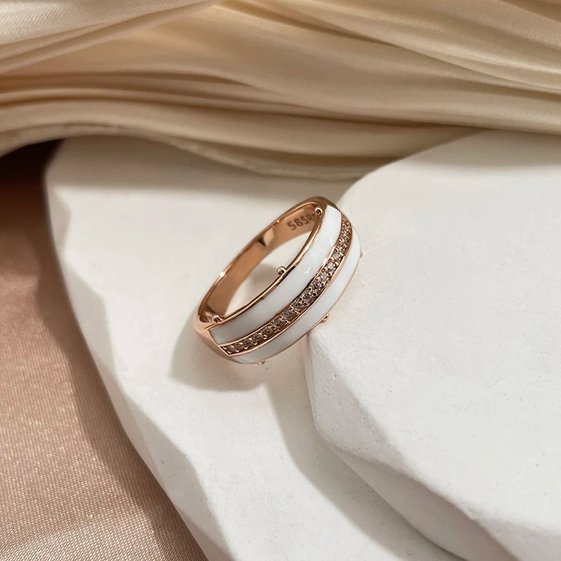SYOUJYO White Enamel Rings For Women Natural Zircon Full Paved 585 Rose Gold Color Glossy Simple Stylish Daily Wear Jewelry