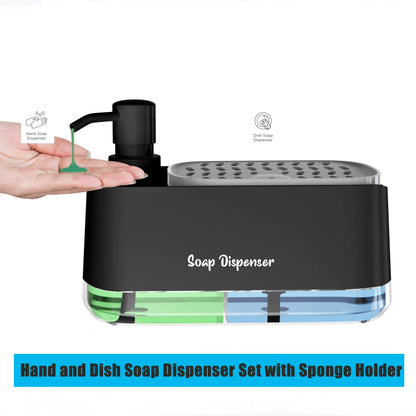 Hand and Dish Soap Dispenser Set Detergent Dispenser Sponge Holder 2-in-1 Countertop Soap Pump Dispenser for Kitchen Sink