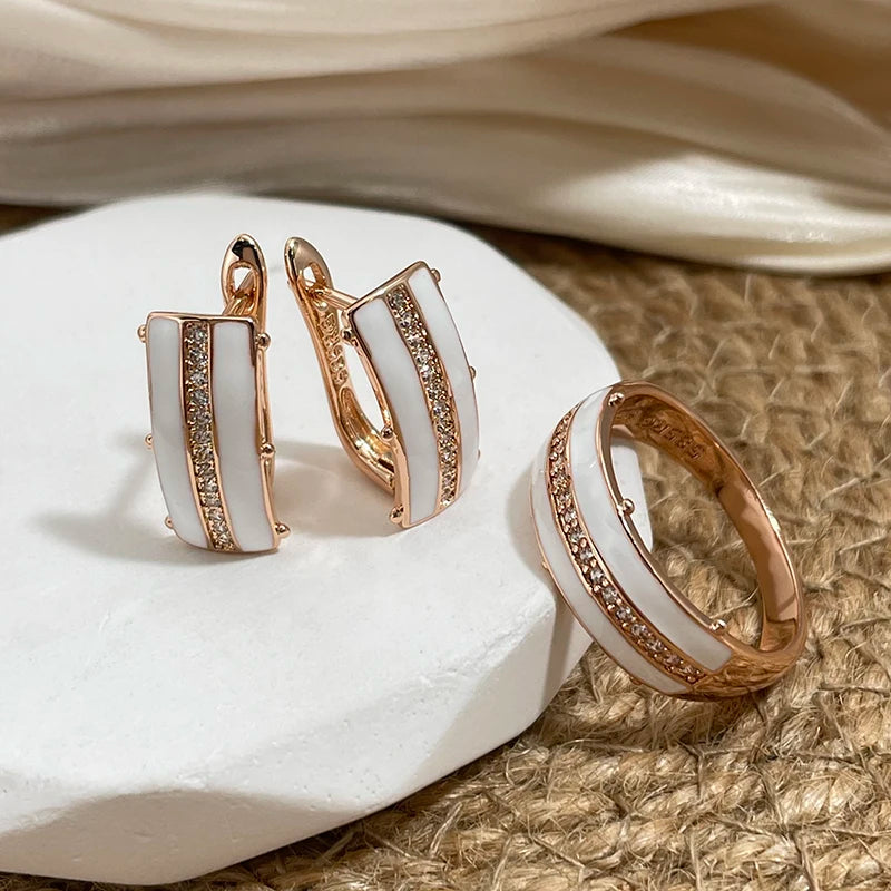 SYOUJYO White Enamel Rings For Women Natural Zircon Full Paved 585 Rose Gold Color Glossy Simple Stylish Daily Wear Jewelry