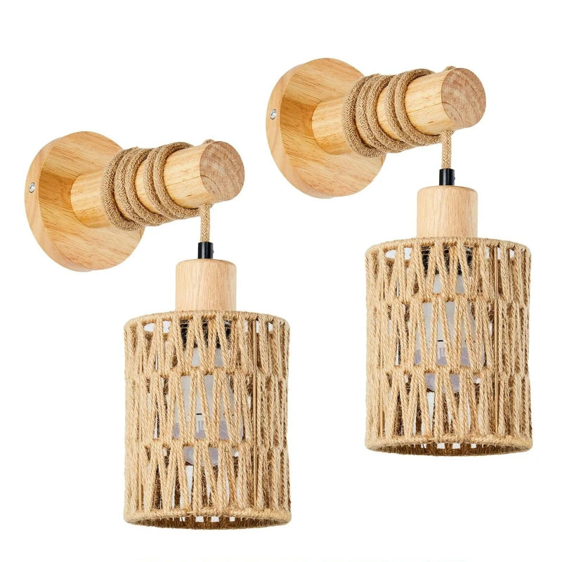 Bedroom Nursery Rattan Wall Sconces Lights Boho Wall Mount Light Fixtures Wicker Lamp