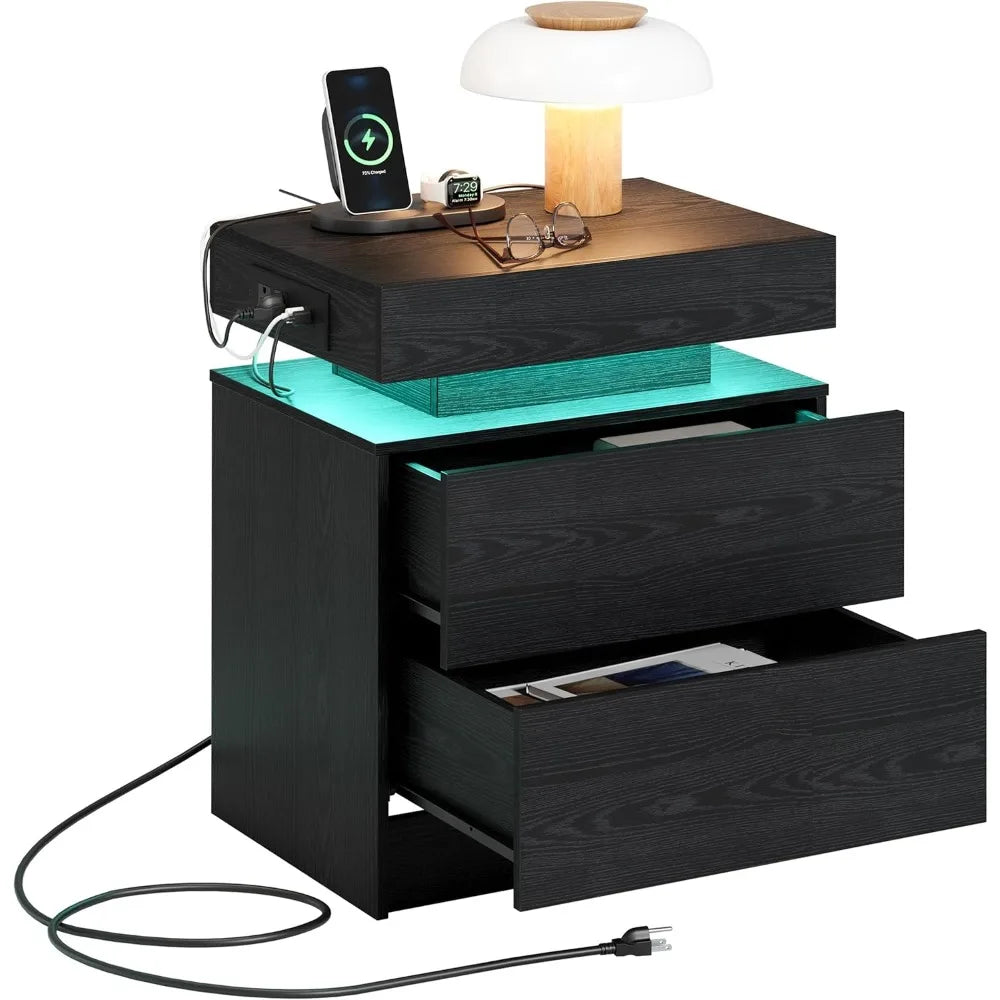 Night Stand with Charging Station, Modern Black Nightstand with LED Light and Drawers, Bedside Tables/End Table for Bedroom