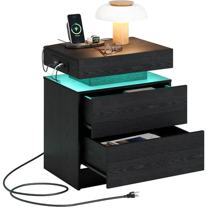 Night Stand with Charging Station, Modern Black Nightstand with LED Light and Drawers, Bedside Tables/End Table for Bedroom