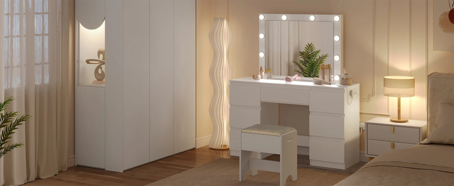 WOLTU Vanity Makeup Desk with LED Lights and Charge Socket Dressing Table with Large Mirror Modern 7 Drawers Bedroom Dresser