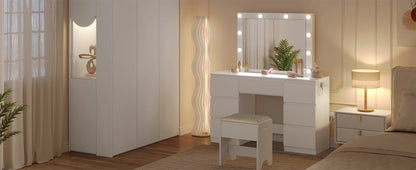 WOLTU Vanity Makeup Desk with LED Lights and Charge Socket Dressing Table with Large Mirror Modern 7 Drawers Bedroom Dresser