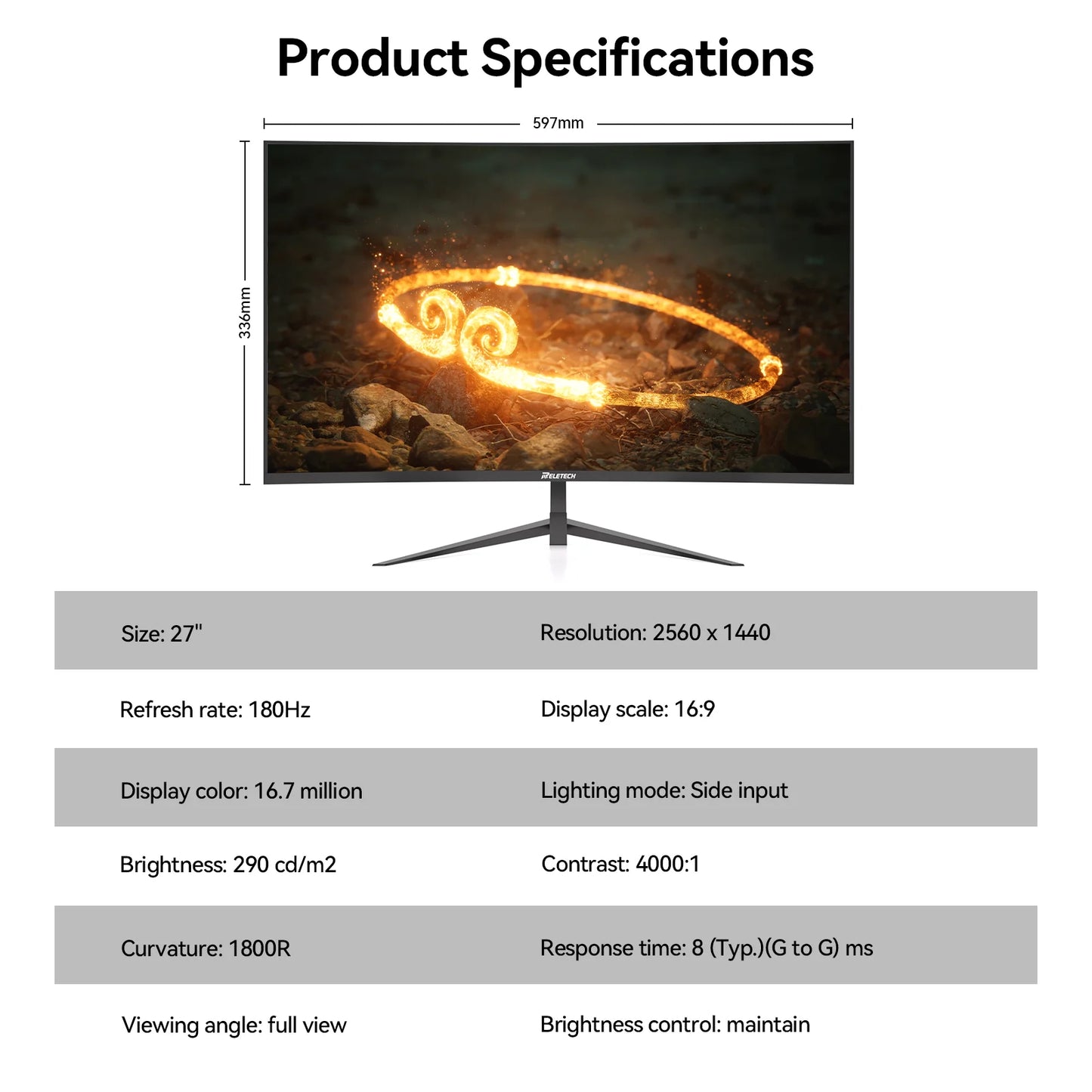Reletech G27X Flex Pro Monitor 27" Gaming Curved 2560x1440 QHD 180Hz HDMI x2 DP x2 1800R 72% sRGB Adaptive Sync