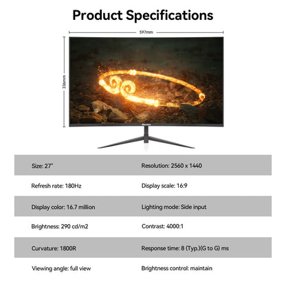 Reletech G27X Flex Pro Monitor 27" Gaming Curved 2560x1440 QHD 180Hz HDMI x2 DP x2 1800R 72% sRGB Adaptive Sync