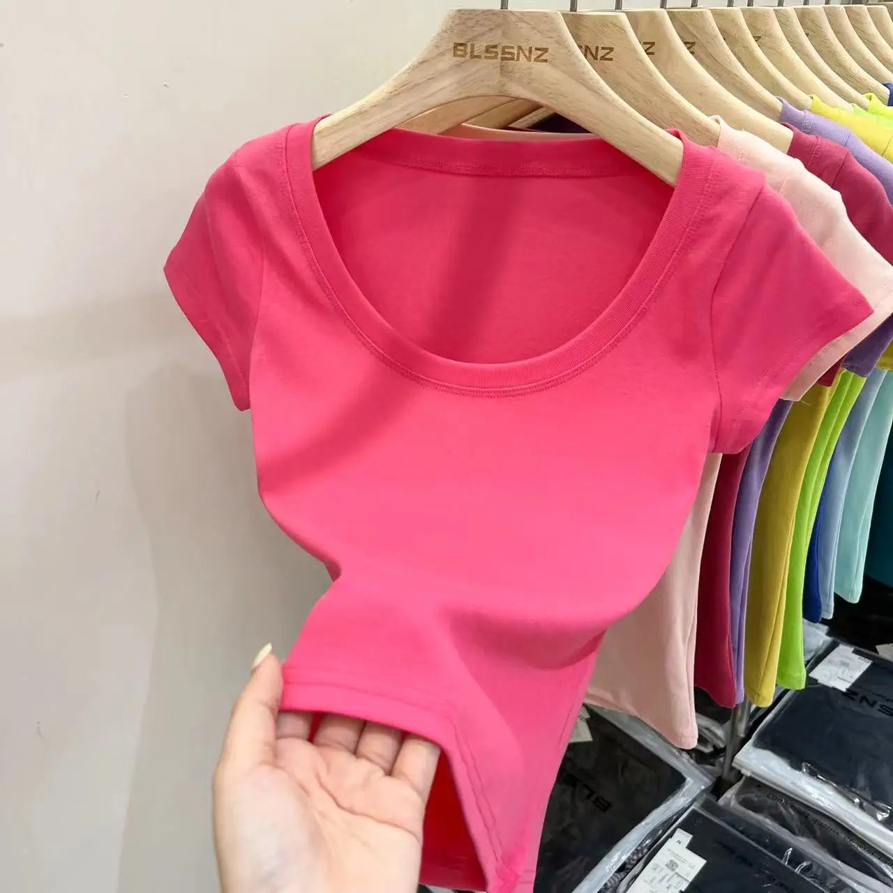 Women's Clothing U-neck T-Shirts Tops Tees pure cotton shoulder sleeved summer solid color slimming short low neck bottom shirt