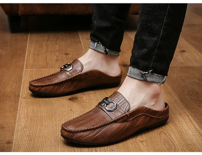 Designer Men Slippers Luxury Leather Casual Shoes for Men Breathable Soft Soled Loafers Fashion British style Men Half Slippers