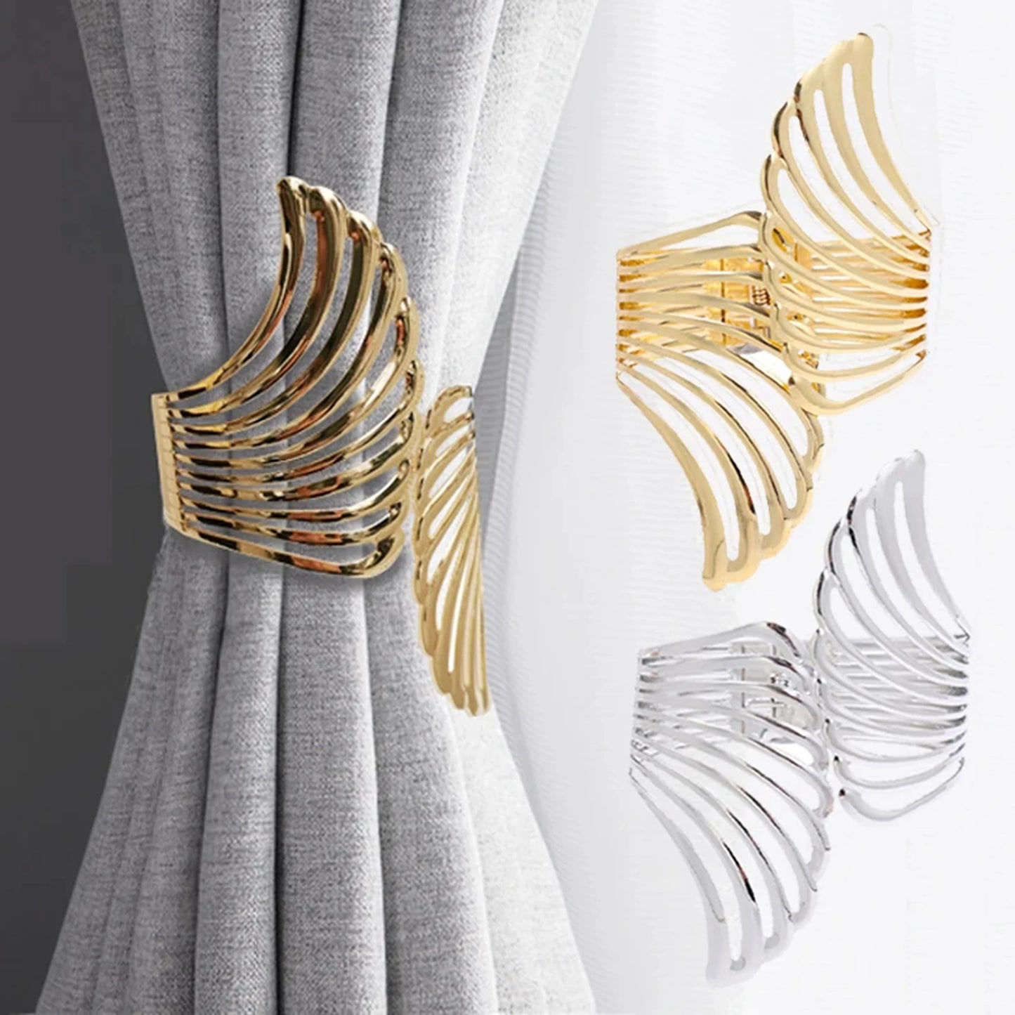 2pcs Modern Luxury Gold/Silver Creative Angel Wings Pattern Spring Curtain Tiebacks,Used For Bedroom, Living Room Curtains