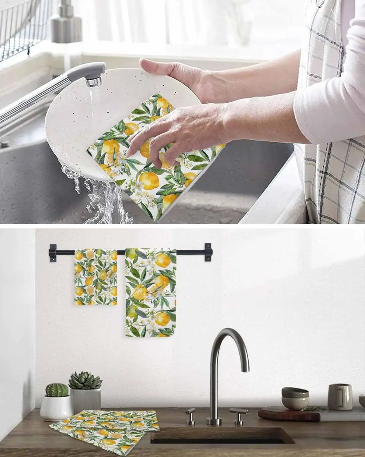 Summer Lemon Flower Kitchen Dish Towels Set Cleaning Supplies Microfiber Dish Drying Towels Hand Towels Kitchens Accessories