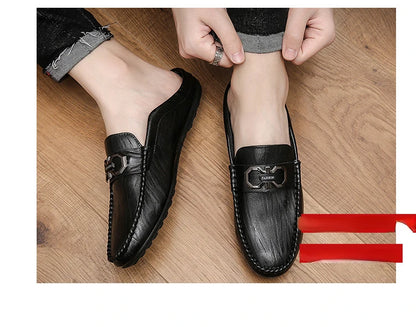 Designer Men Slippers Luxury Leather Casual Shoes for Men Breathable Soft Soled Loafers Fashion British style Men Half Slippers