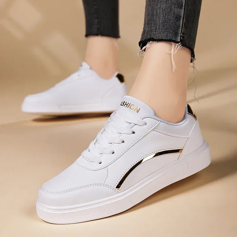 Women Casual Shoes Lace Up White Shoes Board Flat Female White PU Leather Walking Sneakers Thick Sole Outdoor Luxury Fashion