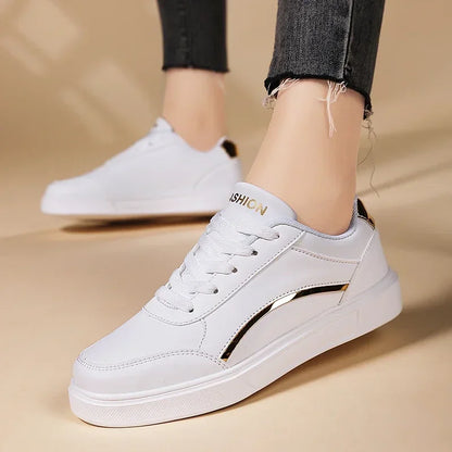 Women Casual Shoes Lace Up White Shoes Board Flat Female White PU Leather Walking Sneakers Thick Sole Outdoor Luxury Fashion