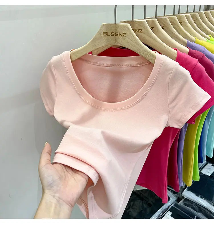 Women's Clothing U-neck T-Shirts Tops Tees pure cotton shoulder sleeved summer solid color slimming short low neck bottom shirt