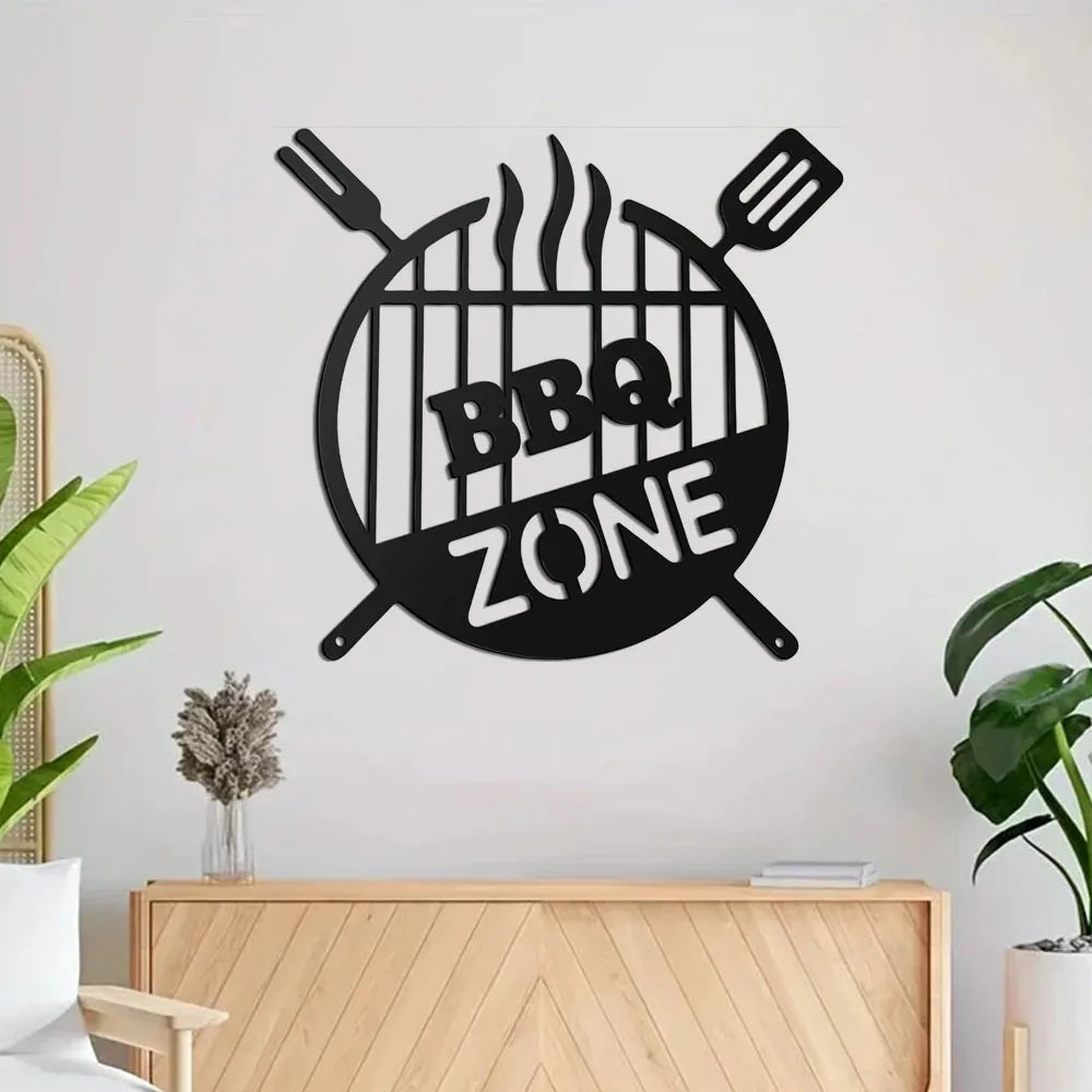 Barbecue Wall Hanging Decor BBQ Zone Retro Signs Grill Outdoor Backyard Kitchen iron Art Decoratio Art,Metal Round Grill Sign