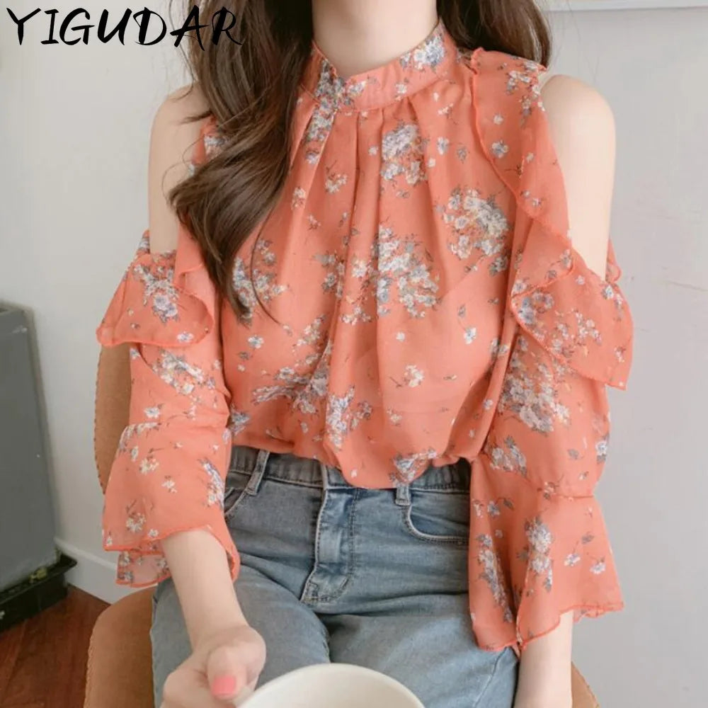 Fashion Woman Off Shoulder Blouse Shirts For Women Stylish Top long Sleeve Female Tops Elegant Chiffon Mujer Woman Clothes