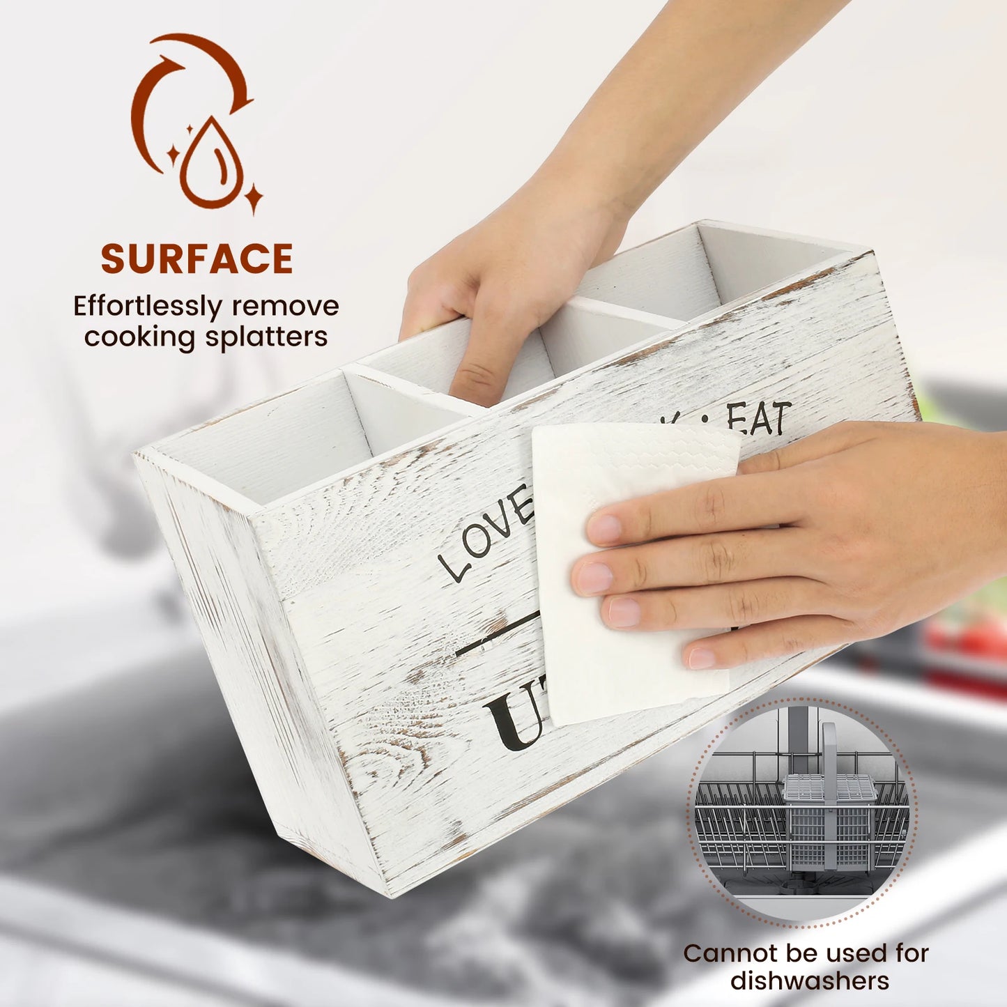 Kitchen Countertop Organizer and Cooking Tools Storage Wooden Kitchen Utensil Holder 3 Compartments Sturdy Silverware Holder