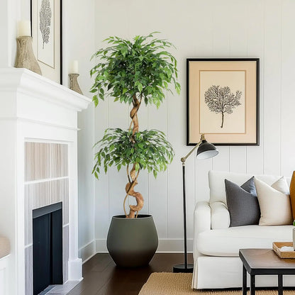 Ficus Tree Artificial, 4FT/5FT/6FT Artificial Plants Indoor in Sturdy White Pot,Indoor Faux Green Tree for Home Decor Indoor