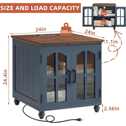 Farmhouse End Table with Charging Station,24" Large Sofa Side Table with Glass Barn Door,Rustic Wood Night Stand with Adjustable