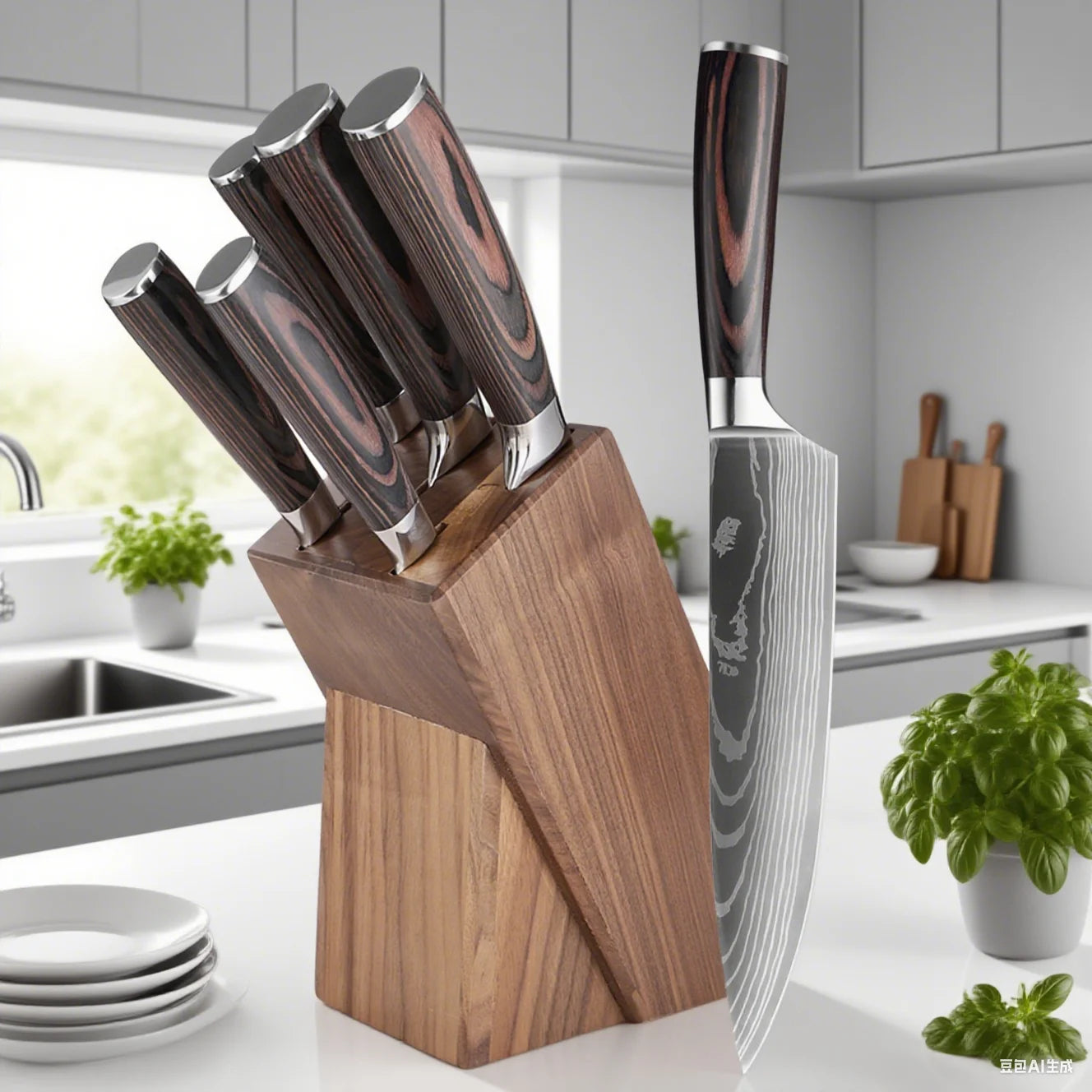 Kitchen Knife 6PCS Set Stainless Steel ,Includes Chef's Knife, Bread , Boning Knife, Fruit Knife, with Solid Wood Knife Holder