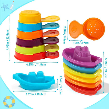 Baby Bath Toys, Stacking Boat & Spoons Toys, Early Education Intelligence Gift, Rainbow Color Stacked Cup Folding Tower Baby Toy