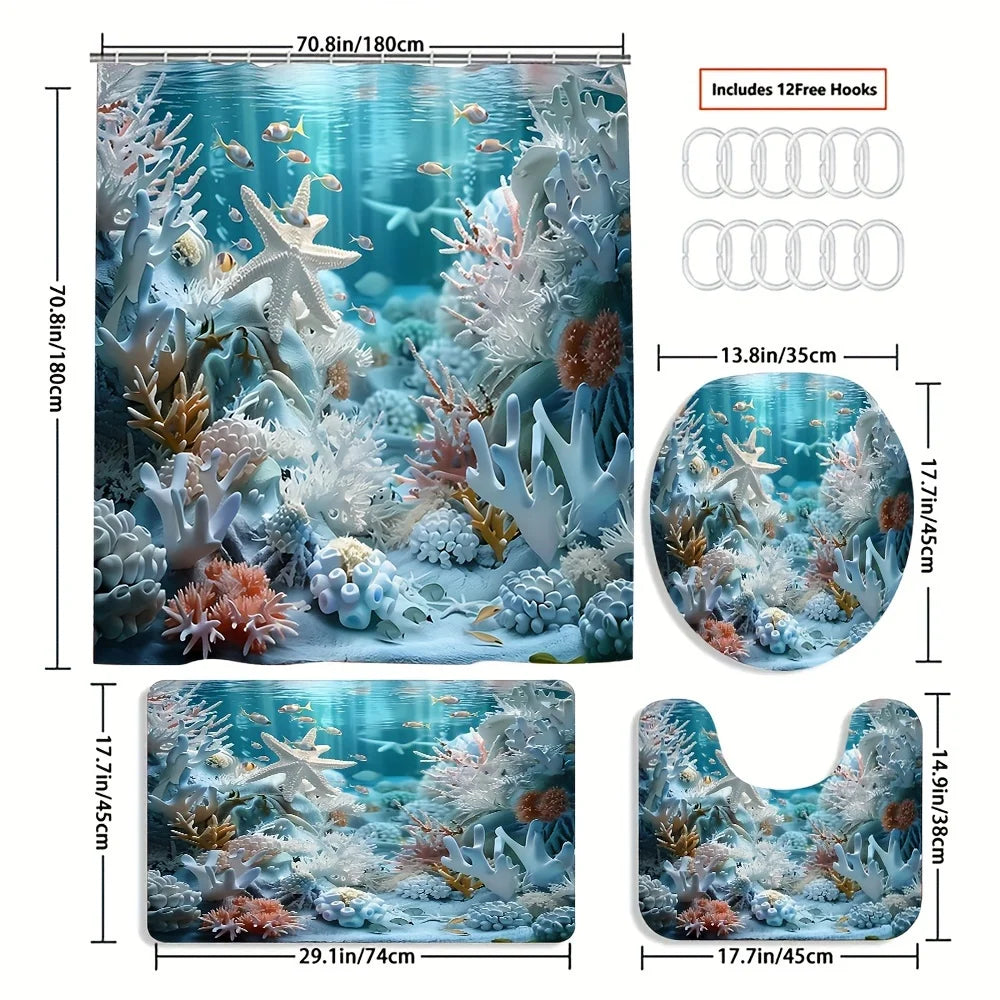 Enchanting Underwater Coral Reef Bathroom Set - Waterproof Shower Curtain, Toilet Lid Cover, Bath Mat, and Contour Mat
