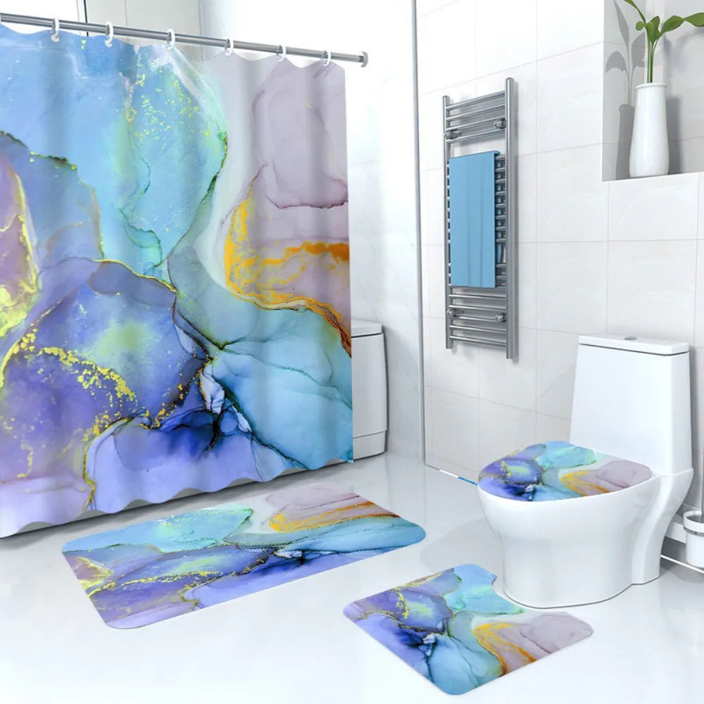 3D Blue Marble Print Shower Curtain 4 Piece Carpet Cover Toilet Cover Bath Mat Pad Set Bathroom Curtain with 12 Hooks Home Decor