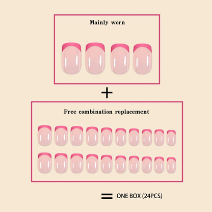 24Pcs/Set Women Girls Short French Light Blue Pink Dual Color Glossy Surface Full Coverage Wearable Fake Nail Press on Nail Art