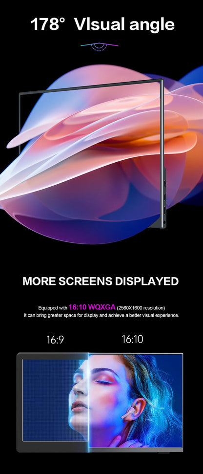 HOWENS Portable Monitor 13.3 inch 2560*1600 60Hz IPS Screen Gaming Monitor Display Super Thin for Switch Xbox PS PC Phone Laptop