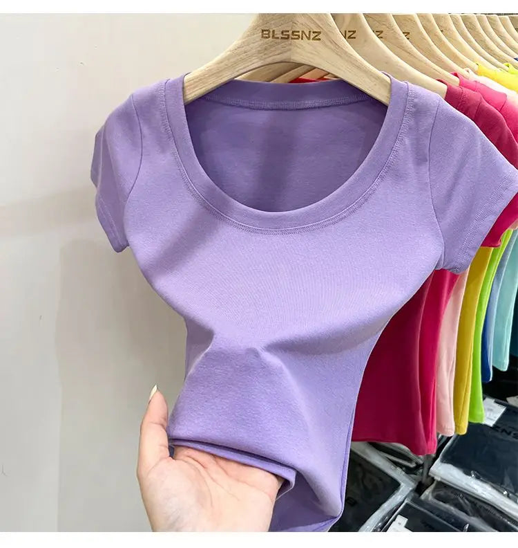 Women's Clothing U-neck T-Shirts Tops Tees pure cotton shoulder sleeved summer solid color slimming short low neck bottom shirt