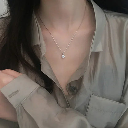 New Women 925 Sterling Silver Jewelry Zircon Fine Round Pendant Necklace Fashion Rhinestone Clavicle Chain Neck Birthday Gift