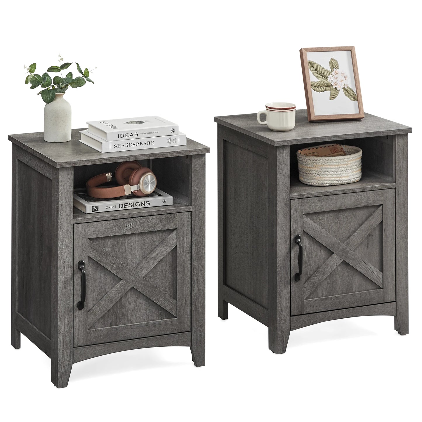 VASAGLE Farmhouse Nightstand with Barn Door, Set of 2, Bedside Table with Storage, Side End Table, Night Stand