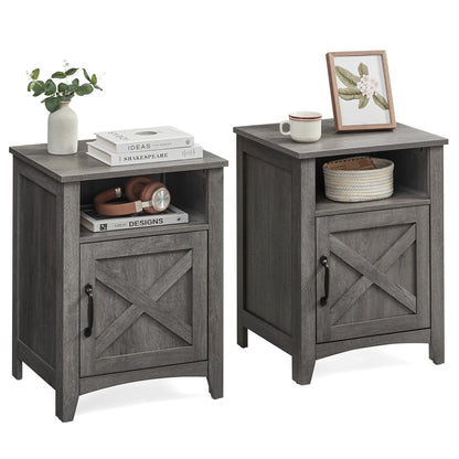 VASAGLE Farmhouse Nightstand with Barn Door, Set of 2, Bedside Table with Storage, Side End Table, Night Stand