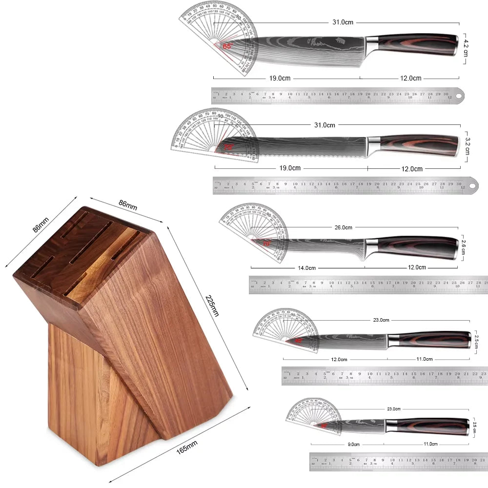 Kitchen Knife 6PCS Set Stainless Steel ,Includes Chef's Knife, Bread , Boning Knife, Fruit Knife, with Solid Wood Knife Holder