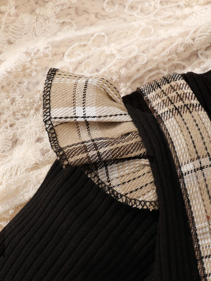 New Baby Girl Spring And Autumn Black Checkered Fake Two-piece Big Bow Headband Dress For Daily Outdoor Wear