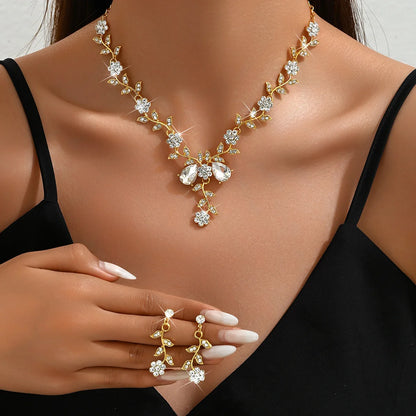 Women's Wedding Jewelry Leaf Cluster Flower Crystal Dangle Earrings Pendant Necklace Set for Bridal